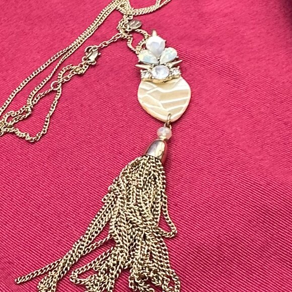 Long Jade & Jasper Gold-Tone Pendant Necklace Crystals & Tassel - Picture 6 of 10